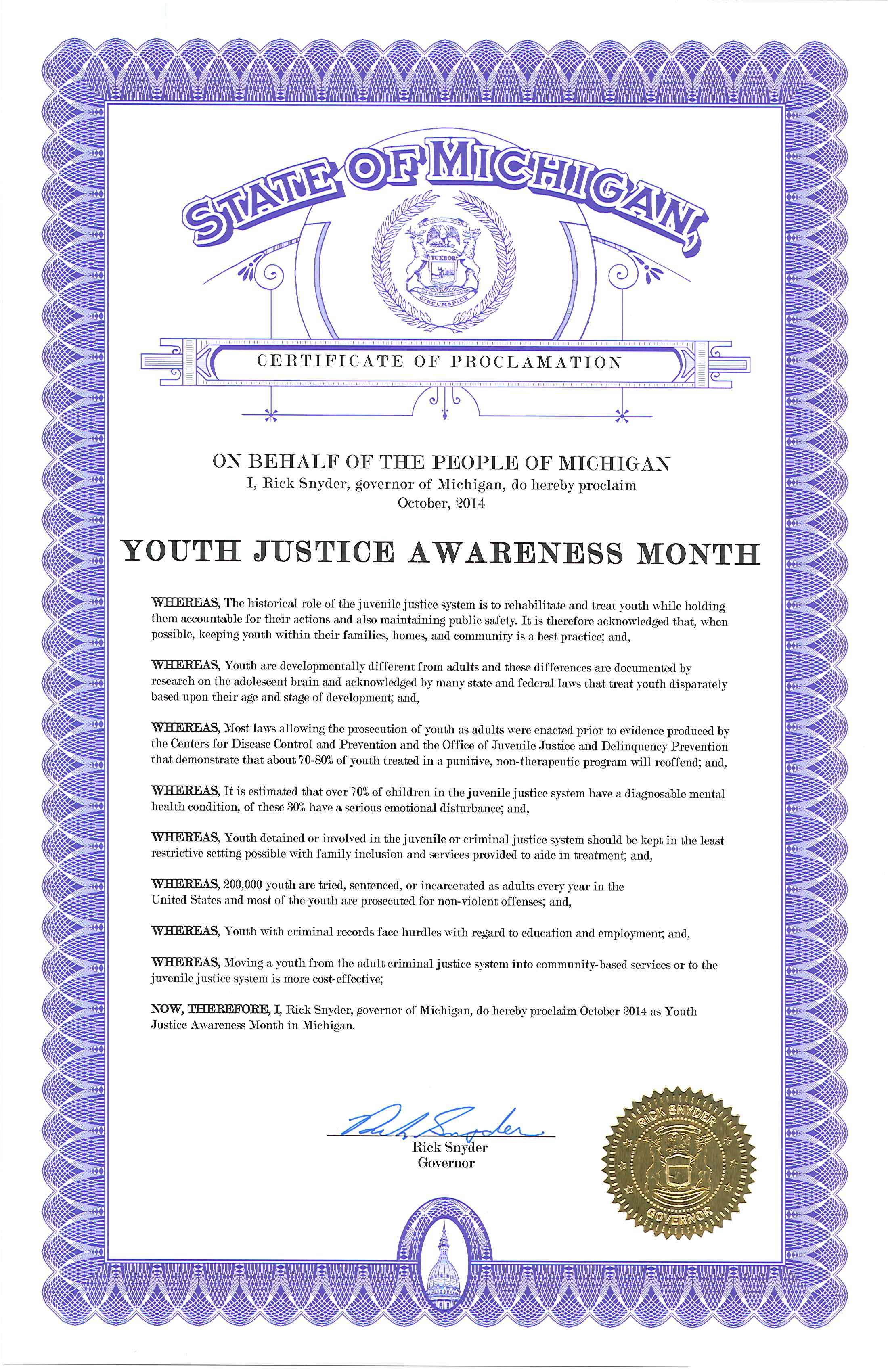 Youth Justice Awareness Month 2014 Gov. Declaration